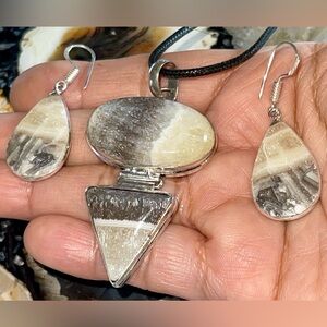 Phantom Yellow Zebra Calcite Earrings & Pendant Set